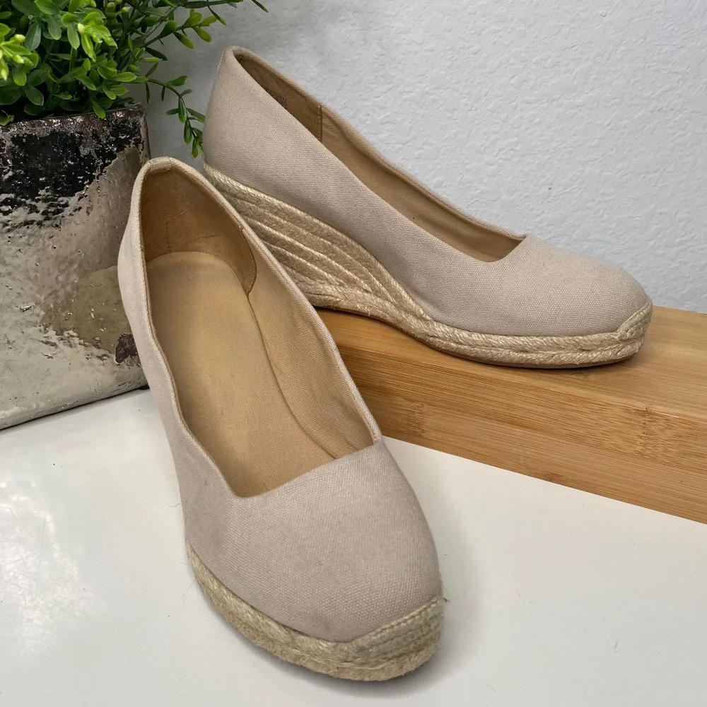 J.Crew Espadrille Wedges Womens Beige Canvas Round Toe Classic Coastal Size 8